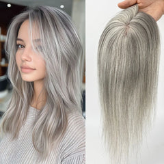 VenusEnt 5x3" Mono Base Hair Topper - Virgin European Gray Hair with Natural Black Highlights