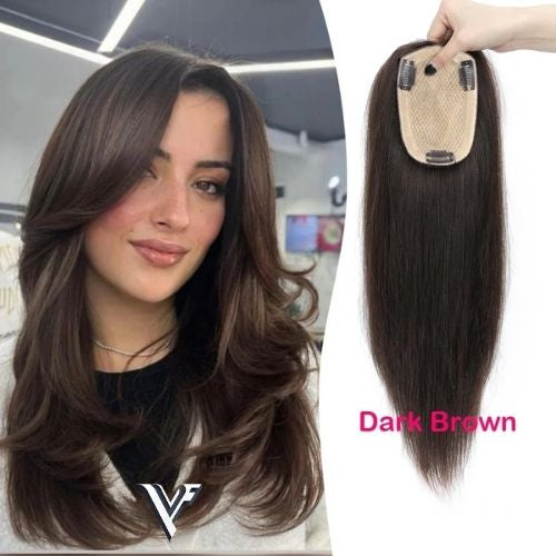 6–12 CM · Silk Base · European Remy Human Hair Topper · Natural Black / Dark Brown / Medium Brown · for Women · Clip-In