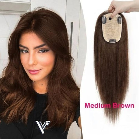 6–12 CM · Silk Base · European Remy Human Hair Topper · Natural Black / Dark Brown / Medium Brown · for Women · Clip-In