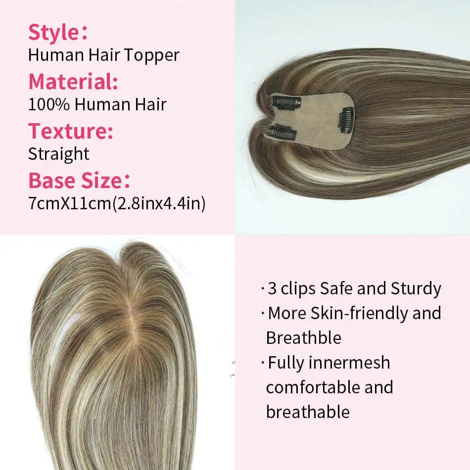 7x11 CM · Silk Base · Remy Human Hair Topper · 9 Colors · 10–12 Inches · Silky Straight · for Women · Clip-In