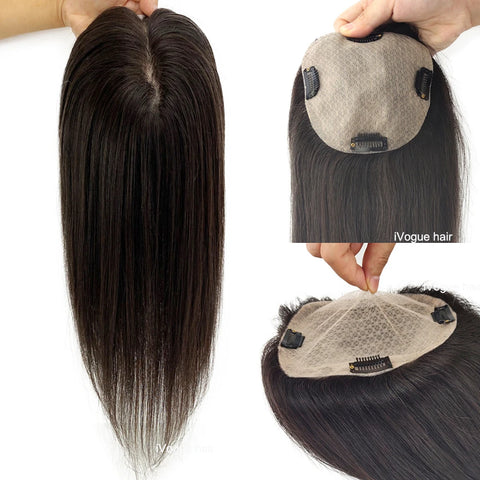 12–15 CM · Silk Base · Center Part · 10A European Virgin Human Hair · Hair Topper · Natural Black | Brown · for Women Clip-In