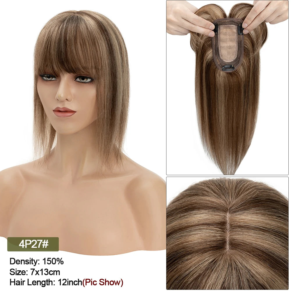 VenusEnt 2.8x5" Silk Base Hair Topper with Bangs - Human Hair Clip-In Hairpiece