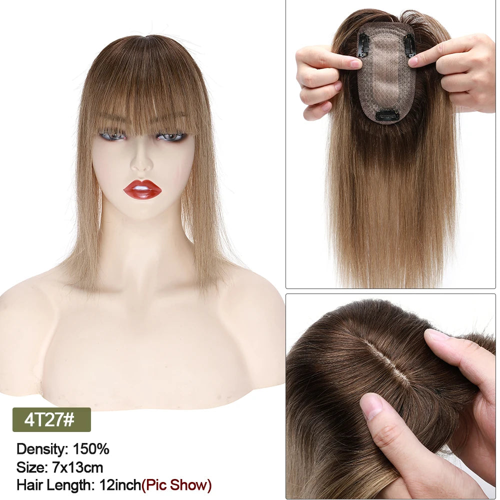 VenusEnt 2.8x5" Silk Base Hair Topper with Bangs - Human Hair Clip-In Hairpiece