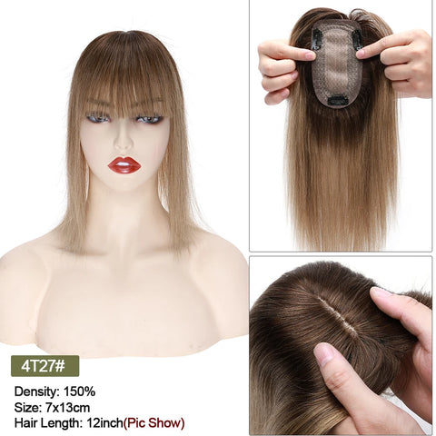 7x13 CM · Silk Base · Center Part· 100% Human Hair · Hair Topper · 16 Colors (Black | Brown | Blonde | Grey) · for Women Clip-In