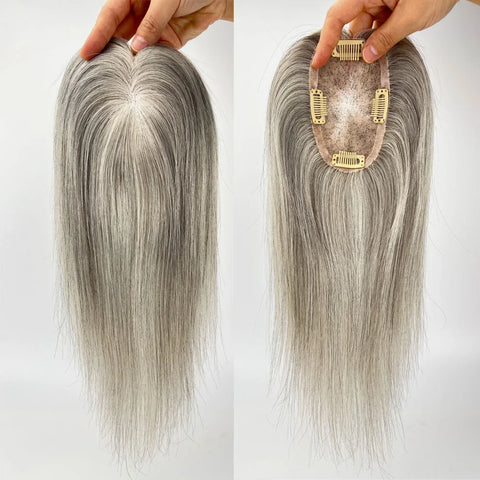 5x3" · Mono & PU Base · Center Crown · European Virgin Human Hair · Hair Topper · Grey Mix White · for Women Clip-In