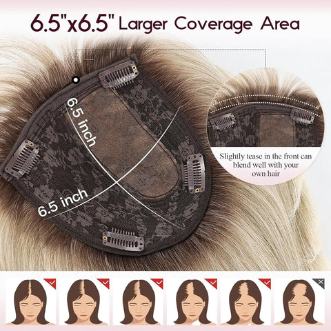 6.5x6.5" · Silk Base · Remy Human Hair Topper · with Bangs & Side Part · 7 Colors · 10 Inches · for Women · 4 Clips