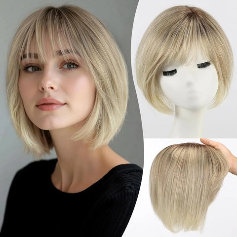 6.5x6.5" · Silk Base · Remy Human Hair Topper · with Bangs & Side Part · 7 Colors · 10 Inches · for Women · 4 Clips