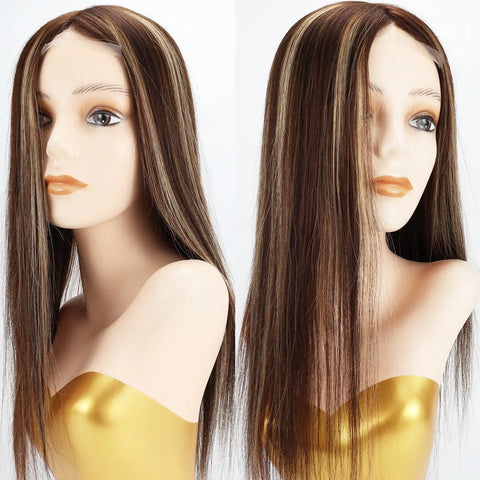 6–8" Base · Silk Base & Lace Front · Free Part · European Remy Human Hair Topper · Brown Blonde Highlight · Straight · for Women · Clip-In