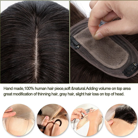 7x13 CM · Silk Base · Center Part· 100% Human Hair · Hair Topper · 16 Colors (Black | Brown | Blonde | Grey) · for Women Clip-In