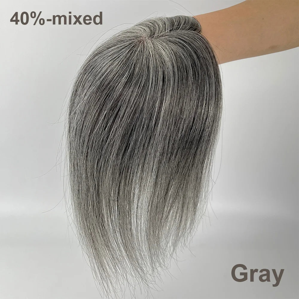 VenusEnt 5x3" Mono Base Gray Hair Topper - Remy Brazilian Human Hair with Natural White Blend