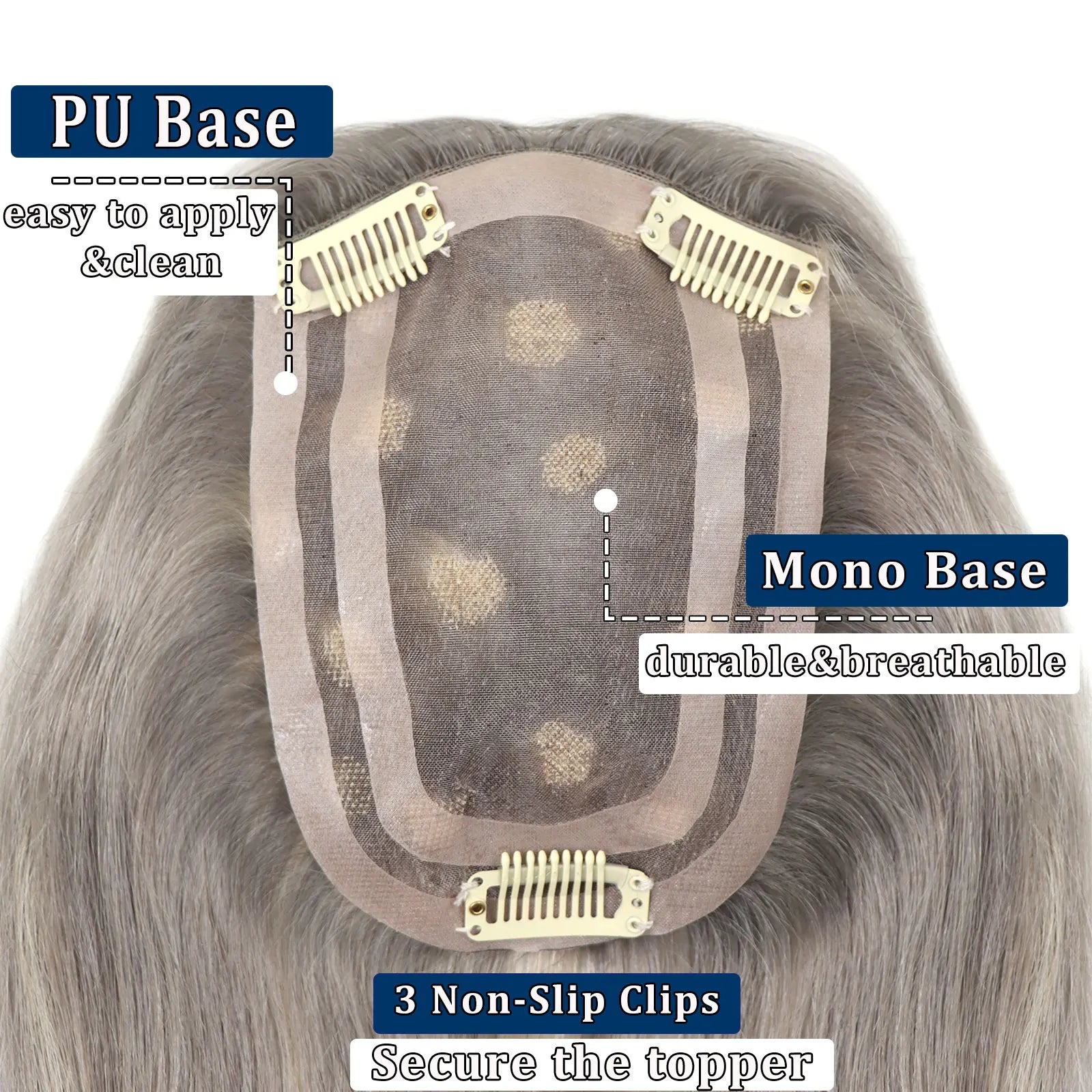 4x6" · Mono & PU Base · Brazilian Remy Human Hair Topper · Multi-Color · 14 Inches · for Women · Clip-In