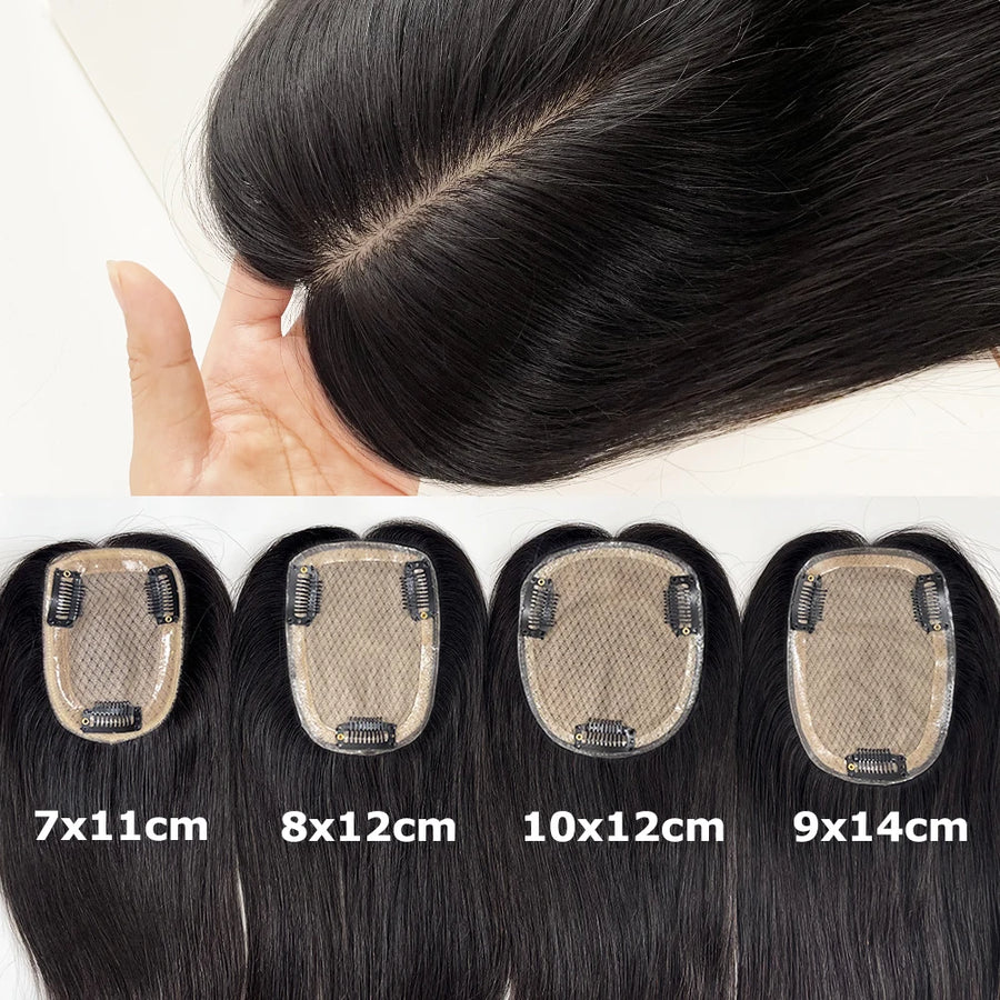 Silk base European virgin human hair topper, straight, clip-in