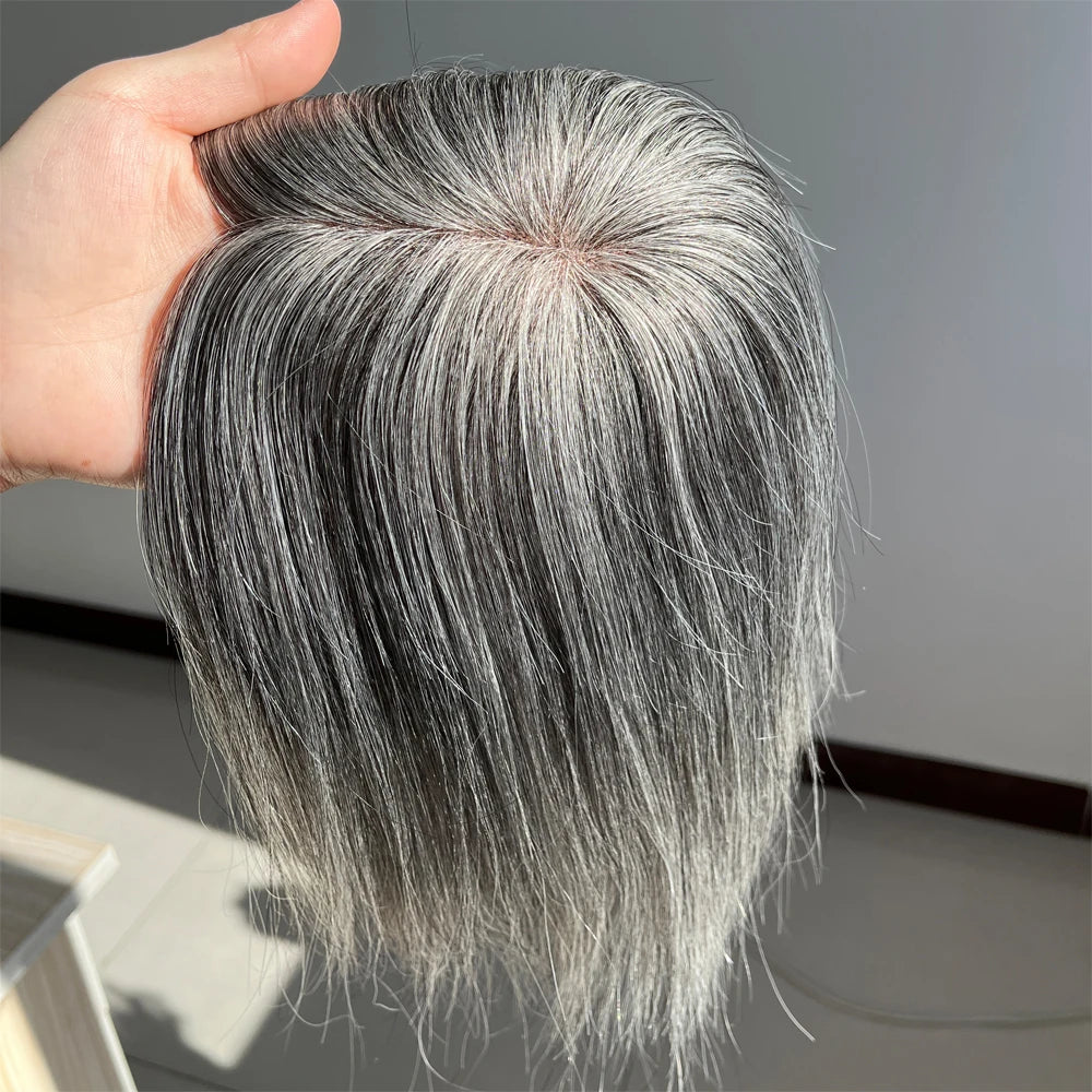 VenusEnt 5x3" Mono Base Gray Hair Topper - Remy Brazilian Human Hair with Natural White Blend