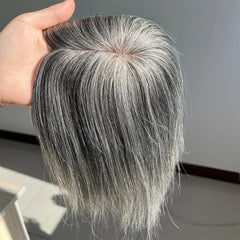 VenusEnt 5x3" Mono Base Gray Hair Topper - Remy Brazilian Human Hair with Natural White Blend