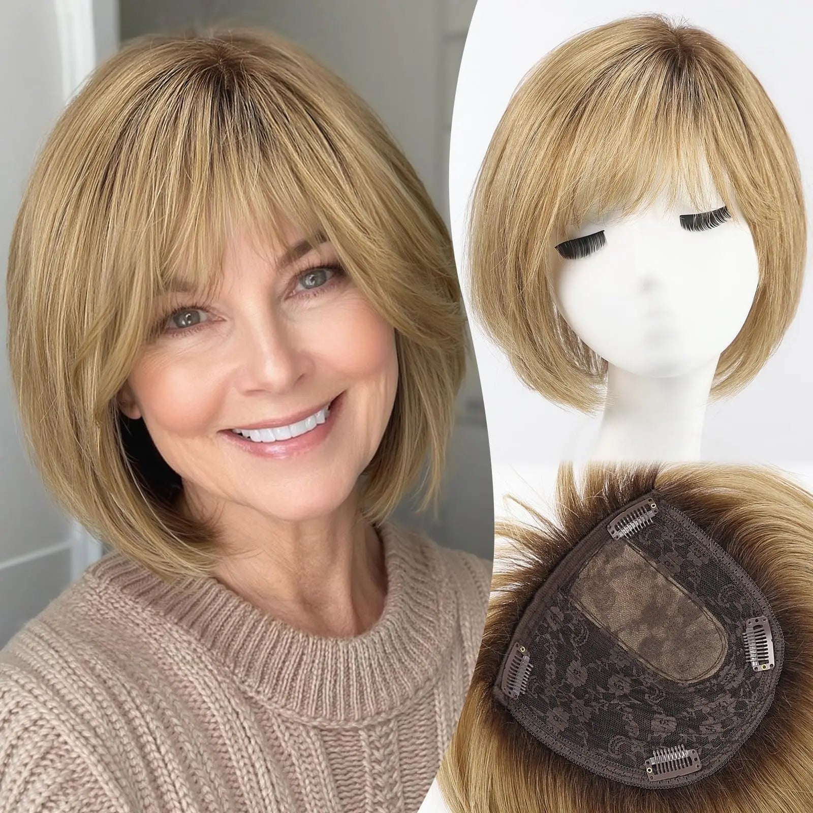 6.5x6.5" · Silk Base · Remy Human Hair Topper · with Bangs & Side Part · 7 Colors · 10 Inches · for Women · 4 Clips