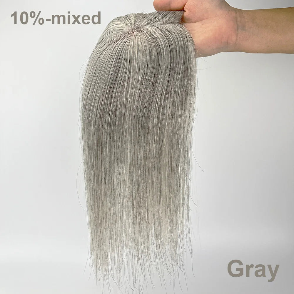 VenusEnt 5x3" Mono Base Gray Hair Topper - Remy Brazilian Human Hair with Natural White Blend