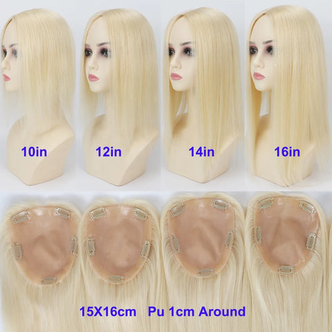 12x13 & 15x16 CM · Silk Skin PU Base · European Remy Human Hair Topper · Straight · #613 Blonde · for Women Clip-In