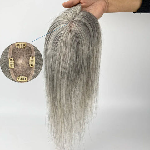 5x3" · Mono & PU Base · Center Crown · European Virgin Human Hair · Hair Topper · Grey Mix White · for Women Clip-In