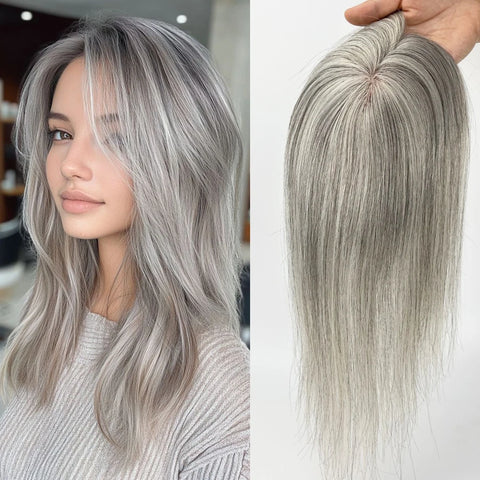 5x3" · Mono & PU Base · Center Crown · European Virgin Human Hair · Hair Topper · Grey Mix White · for Women Clip-In