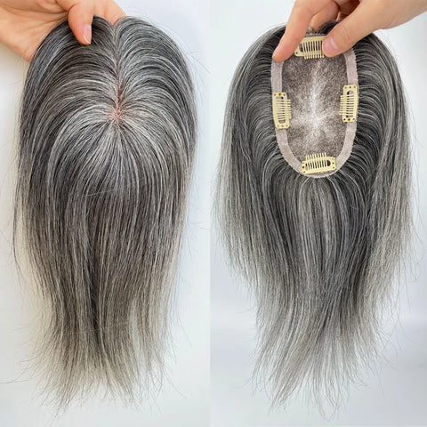 5x3" · Mono & PU Base · Brazilian Remy Human Hair · Hair Topper · Grey White Blend · for Women Clip-In