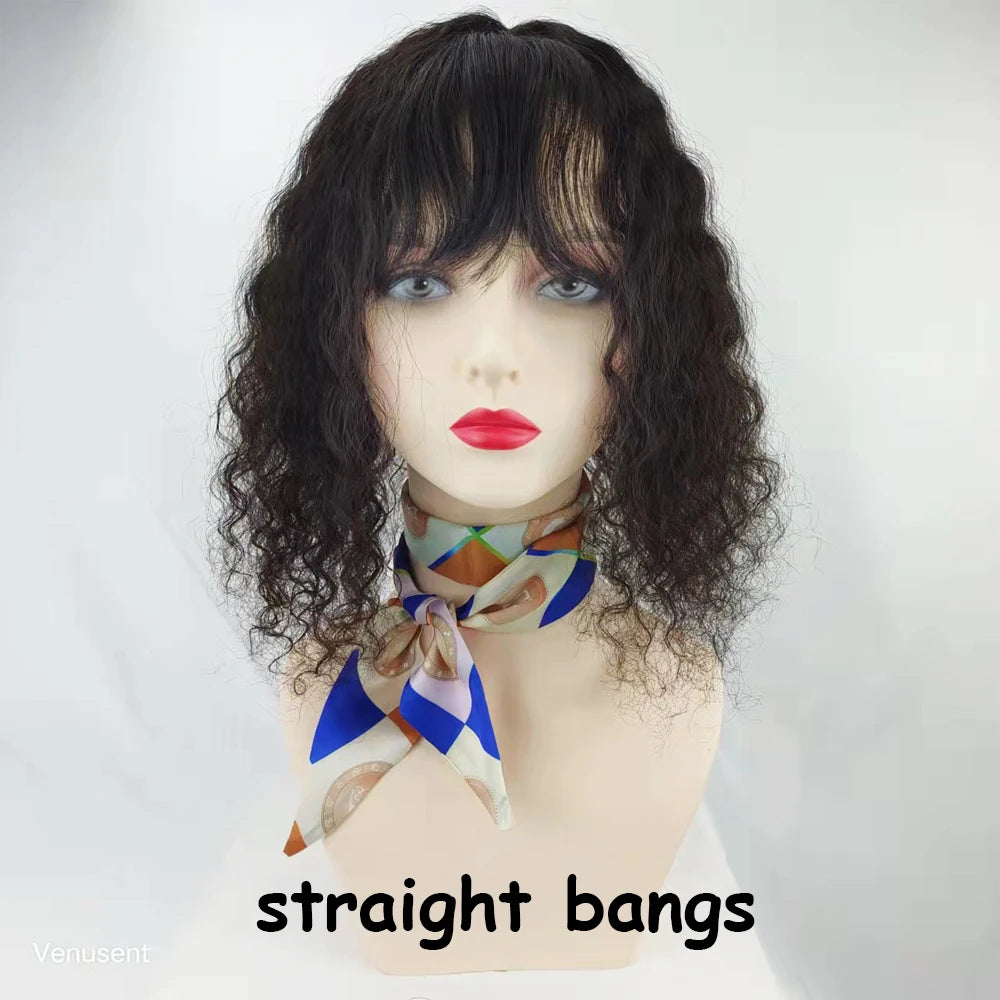 5x5 & 6x6" · Silk Base · Indian Virgin Human Hair Topper with Bangs · Curly & Straight · 150% Density · for Women · Clip-In