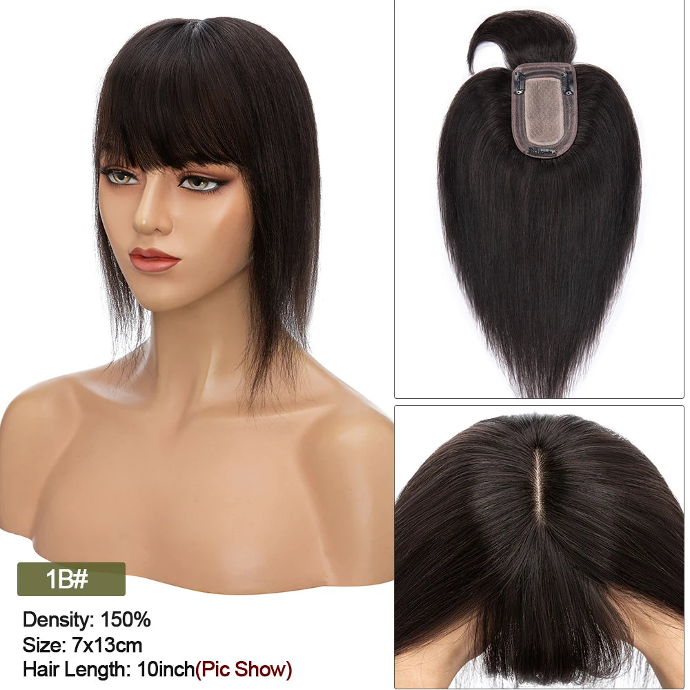 VenusEnt 2.8x5" Silk Base Hair Topper with Bangs - Human Hair Clip-In Hairpiece