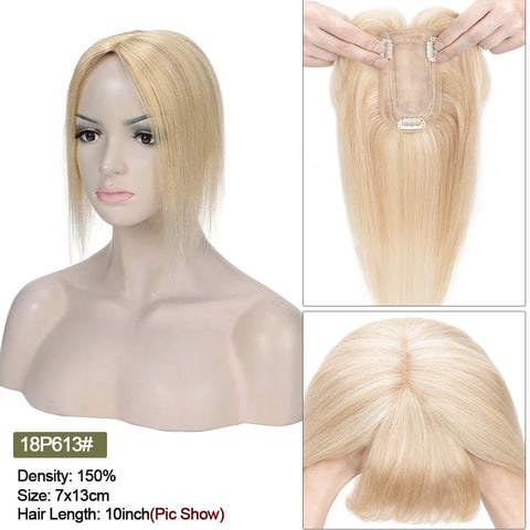 7x13 CM · Silk Base · Center Part· 100% Human Hair · Hair Topper · 16 Colors (Black | Brown | Blonde | Grey) · for Women Clip-In