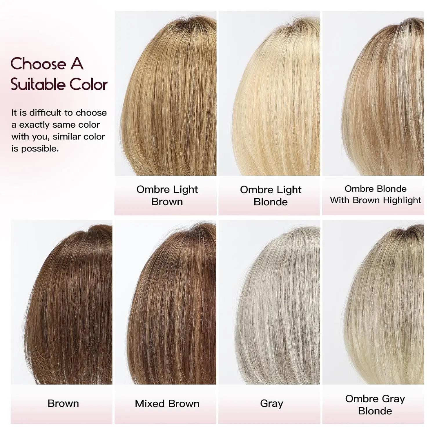 6.5x6.5" · Silk Base · Remy Human Hair Topper · with Bangs & Side Part · 7 Colors · 10 Inches · for Women · 4 Clips