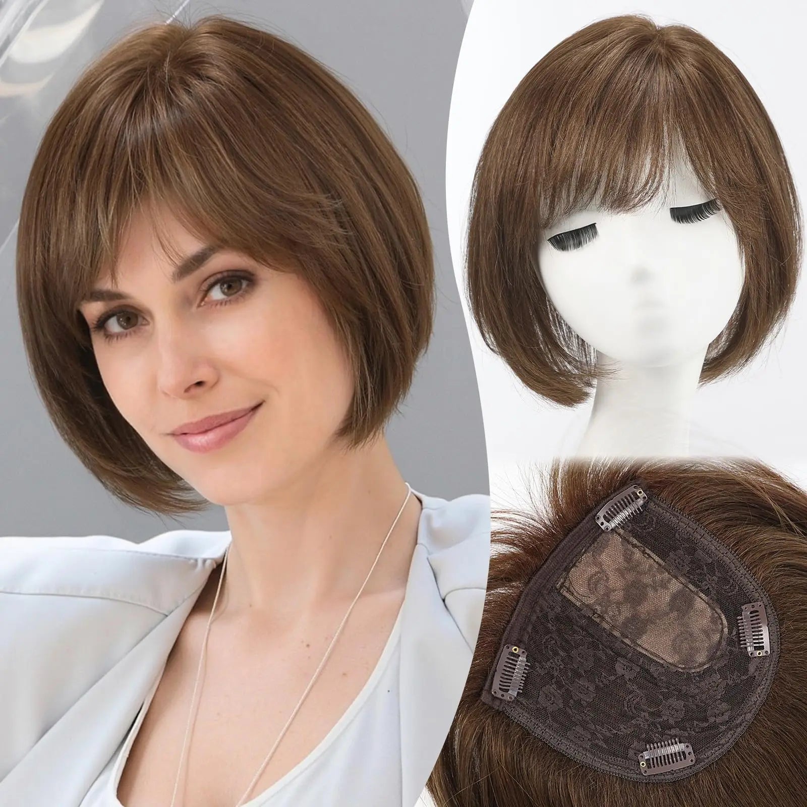6.5x6.5" · Silk Base · Remy Human Hair Topper · with Bangs & Side Part · 7 Colors · 10 Inches · for Women · 4 Clips