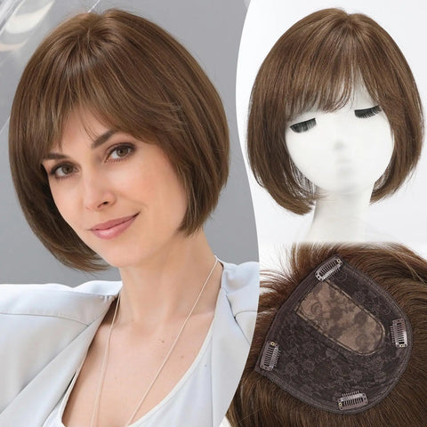 6.5x6.5" · Silk Base · Remy Human Hair Topper · with Bangs & Side Part · 7 Colors · 10 Inches · for Women · 4 Clips