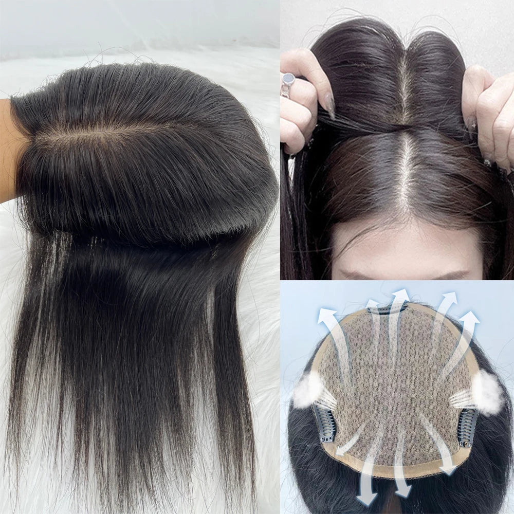 12–16 Inch · Silk Base · Chinese Virgin Human Hair Topper · Curly & Straight · Natural Black · for Women · Clip-In
