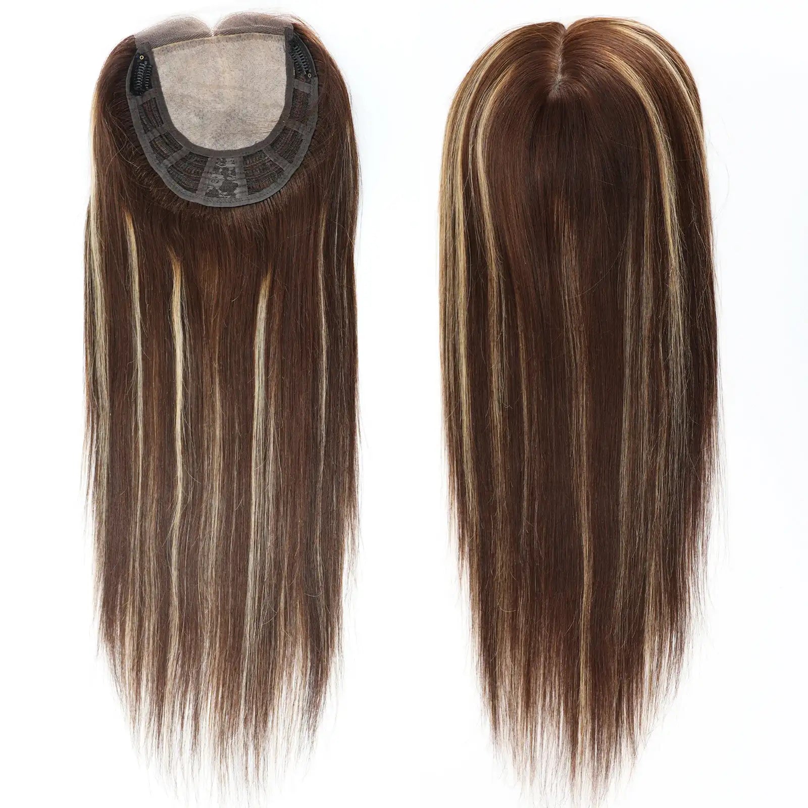 6–8" Base · Silk Base & Lace Front · Free Part · European Remy Human Hair Topper · Brown Blonde Highlight · Straight · for Women · Clip-In