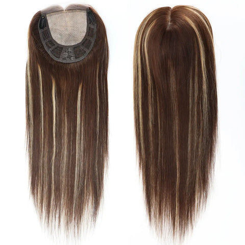6–8" Base · Silk Base & Lace Front · Free Part · European Remy Human Hair Topper · Brown Blonde Highlight · Straight · for Women · Clip-In