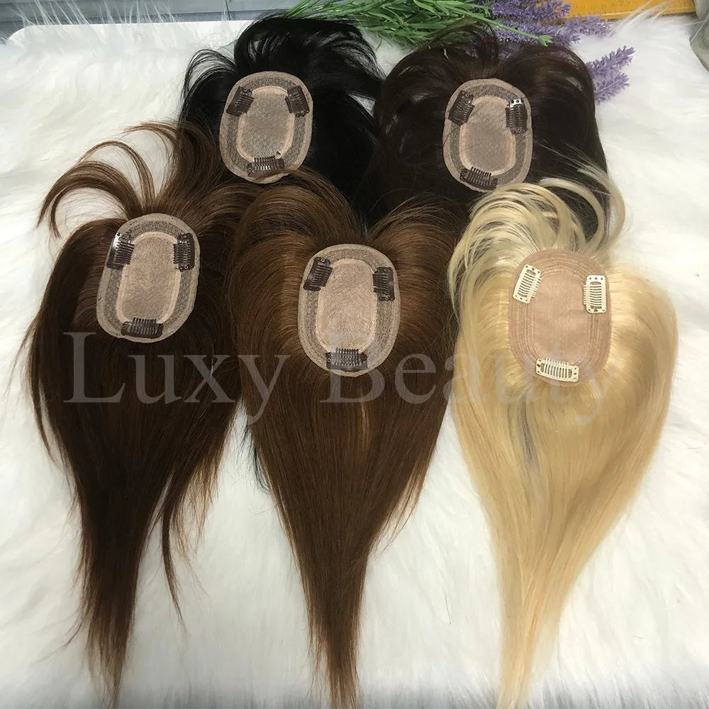 Human Hair Topper with Bangs - 3.1x4.7 inch Clip-In Hair Piece