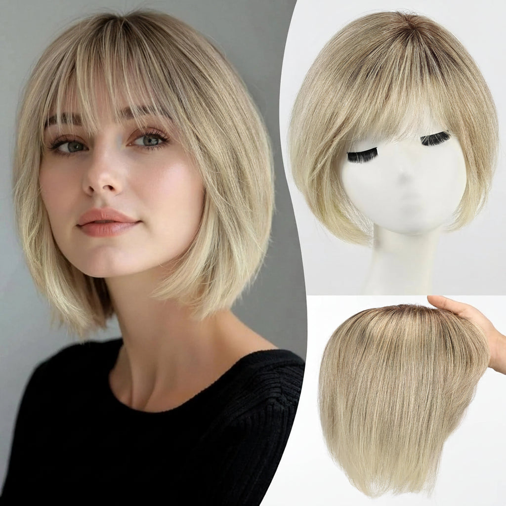 6.5x6.5" · Silk Base · Remy Human Hair Topper · with Bangs & Side Part · 7 Colors · 10 Inches · for Women · 4 Clips