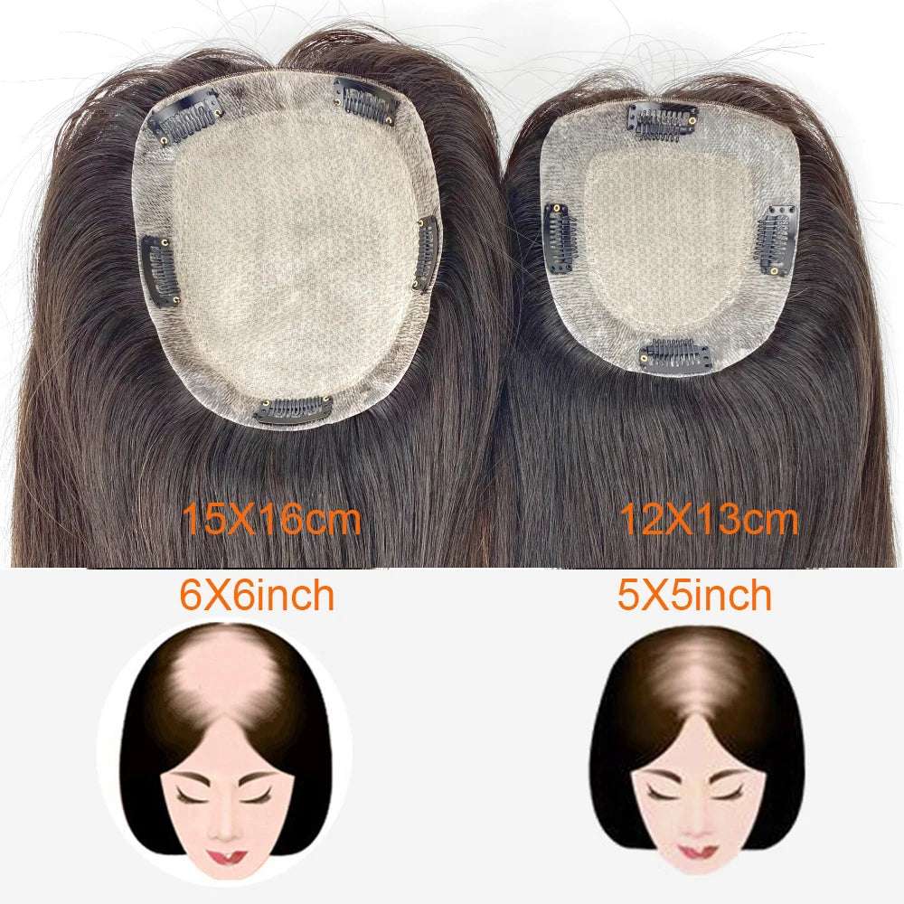 12x13 & 15x16 CM · Silk Base · European Virgin Human Hair Topper · Natural Black, Jet Black, Medium & Dark Brown · for Women · Clip-In or PU