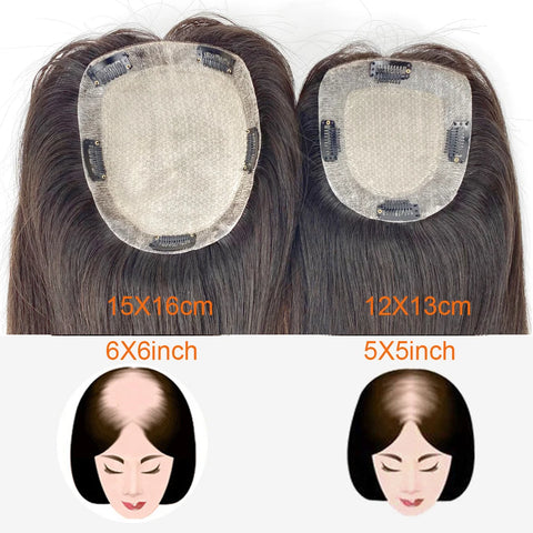 12x13 & 15x16 CM · Silk Base · European Virgin Human Hair Topper · Natural Black, Jet Black, Medium & Dark Brown · for Women · Clip-In or PU