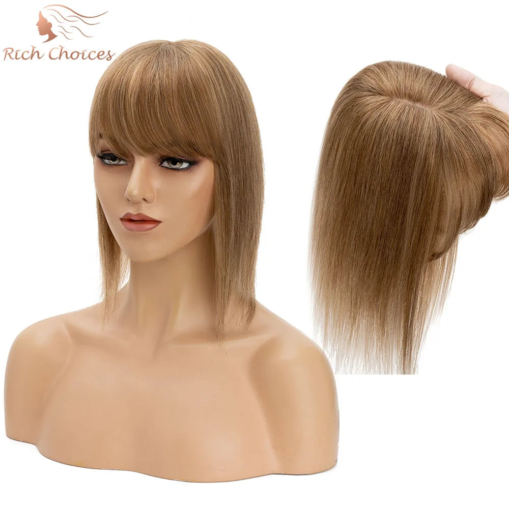 VenusEnt 2.8x5" Silk Base Hair Topper with Bangs - Human Hair Clip-In Hairpiece