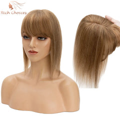 VenusEnt 2.8x5" Silk Base Hair Topper with Bangs - Human Hair Clip-In Hairpiece