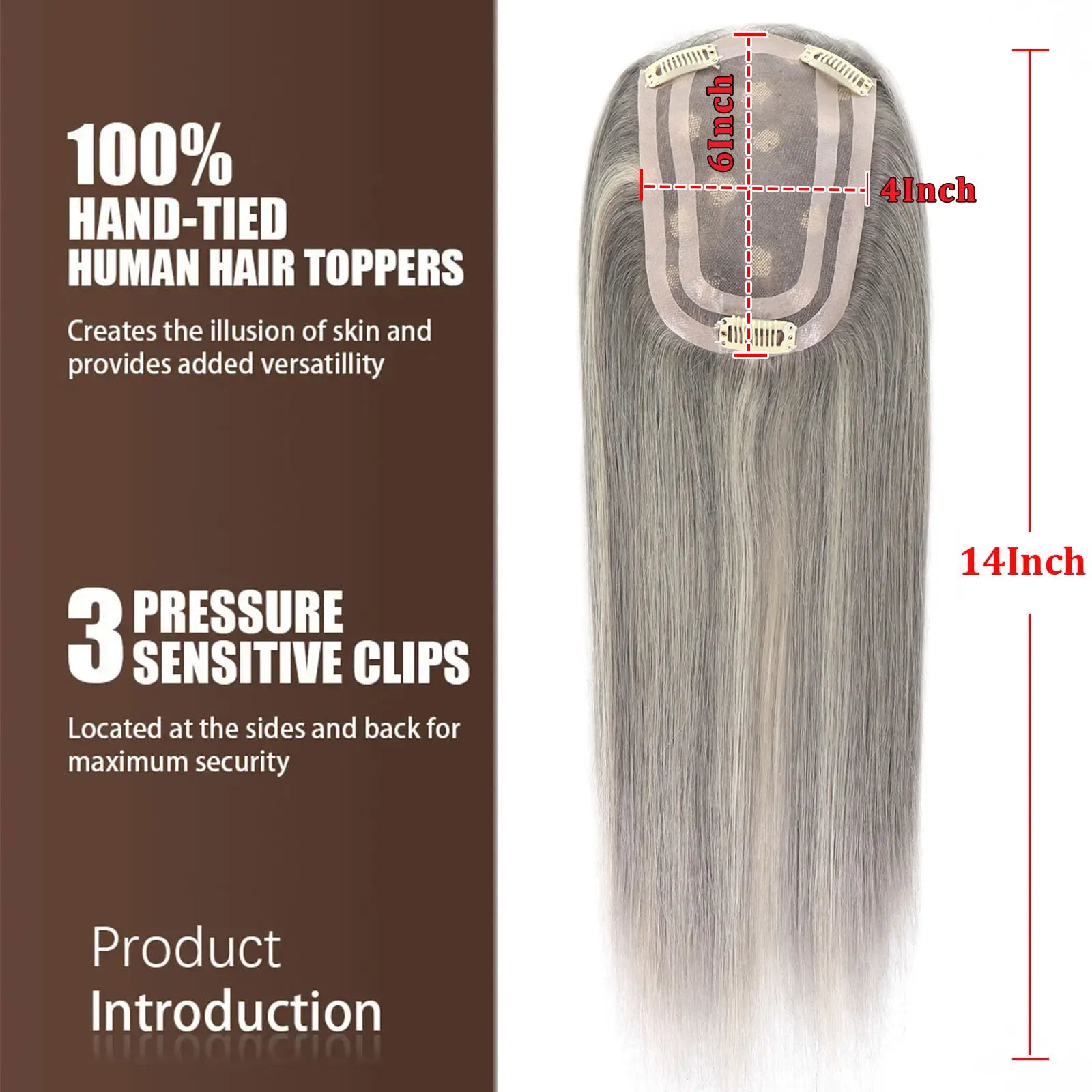 4x6" · Mono & PU Base · Brazilian Remy Human Hair Topper · Multi-Color · 14 Inches · for Women · Clip-In