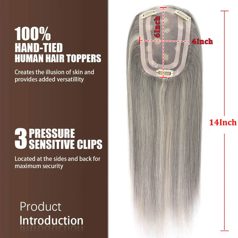 4x6" · Mono & PU Base · Brazilian Remy Human Hair Topper · Multi-Color · 14 Inches · for Women · Clip-In