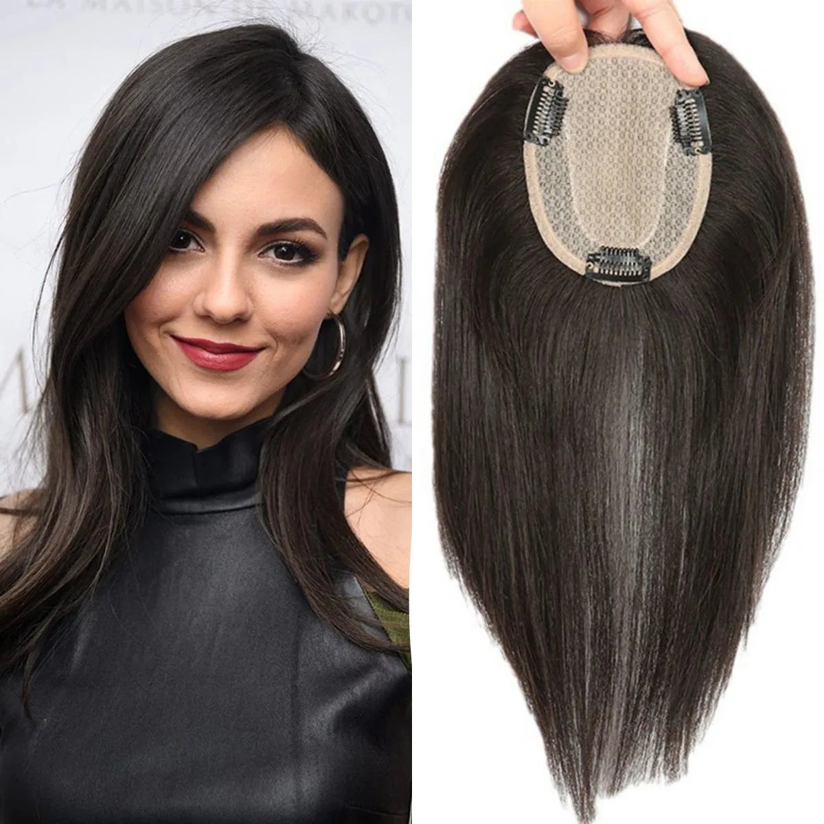 10x12 CM · Silk Base · European Virgin Human Hair Topper · Straight · Natural Black · for Women Clip-In