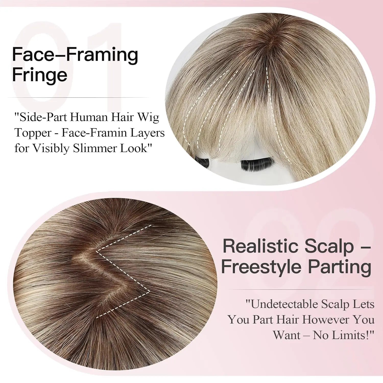 6.5x6.5" · Silk Base · Remy Human Hair Topper · with Bangs & Side Part · 7 Colors · 10 Inches · for Women · 4 Clips
