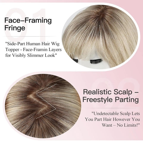 6.5x6.5" · Silk Base · Remy Human Hair Topper · with Bangs & Side Part · 7 Colors · 10 Inches · for Women · 4 Clips
