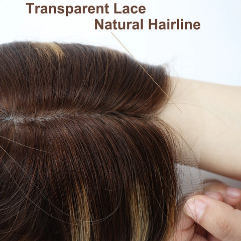 6–8" Base · Silk Base & Lace Front · Free Part · European Remy Human Hair Topper · Brown Blonde Highlight · Straight · for Women · Clip-In