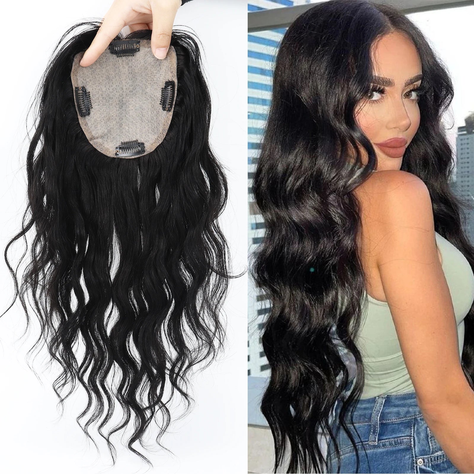 5x5" & 6x6" · Silk Base ·Center Part· European Virgin Human Hair Topper · Loose Wave · Center Part · for Women Clip-In