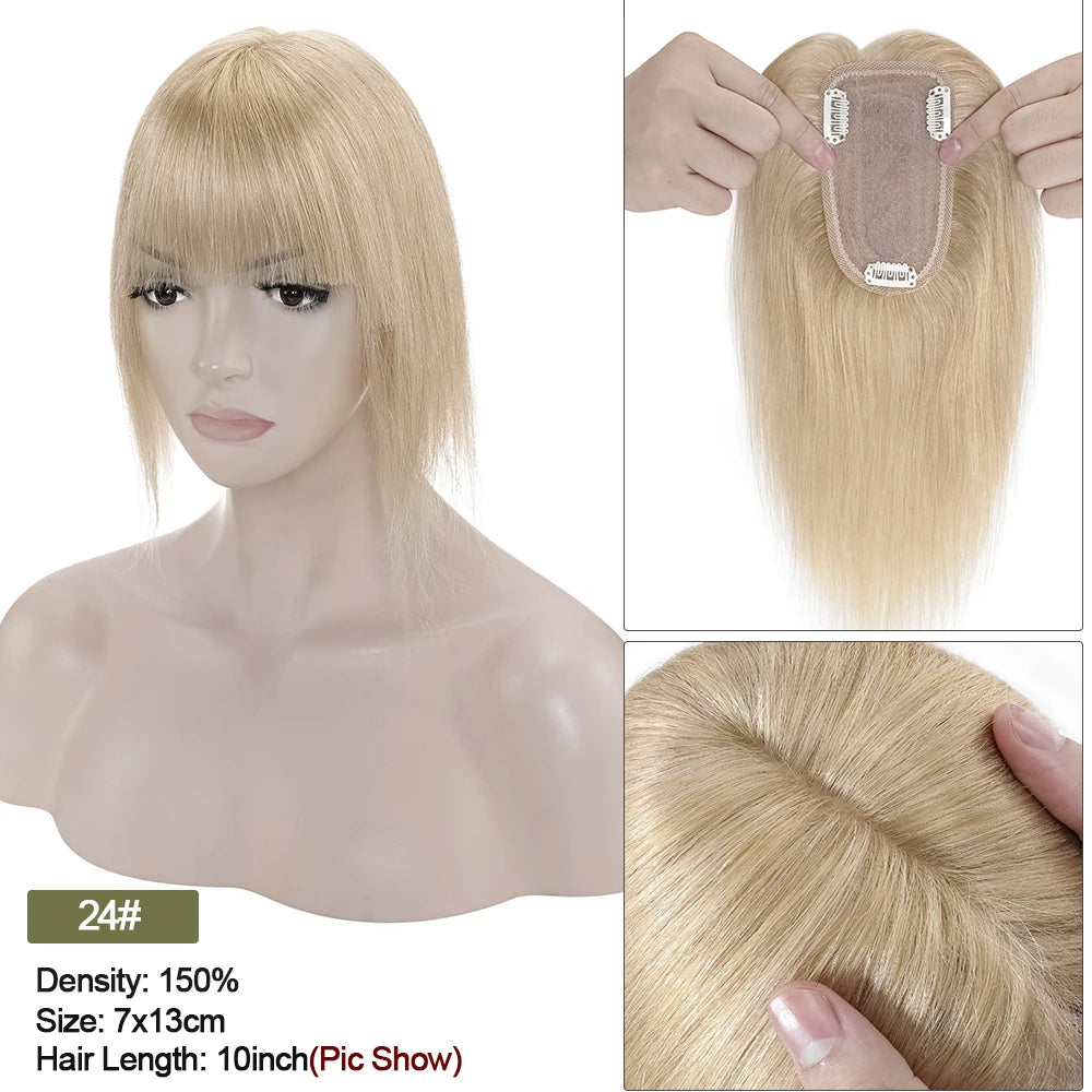 VenusEnt 2.8x5" Silk Base Hair Topper with Bangs - Human Hair Clip-In Hairpiece