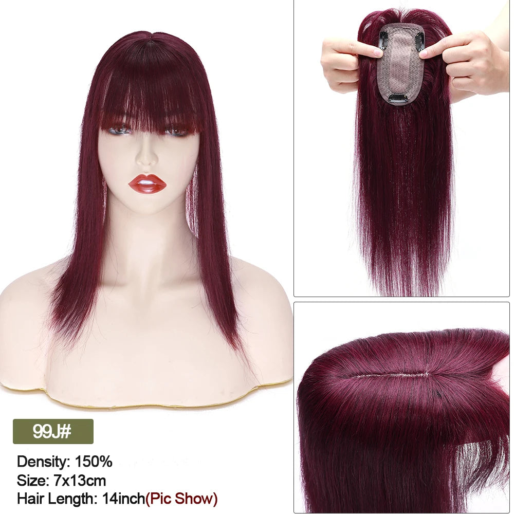 VenusEnt 2.8x5" Silk Base Hair Topper with Bangs - Human Hair Clip-In Hairpiece