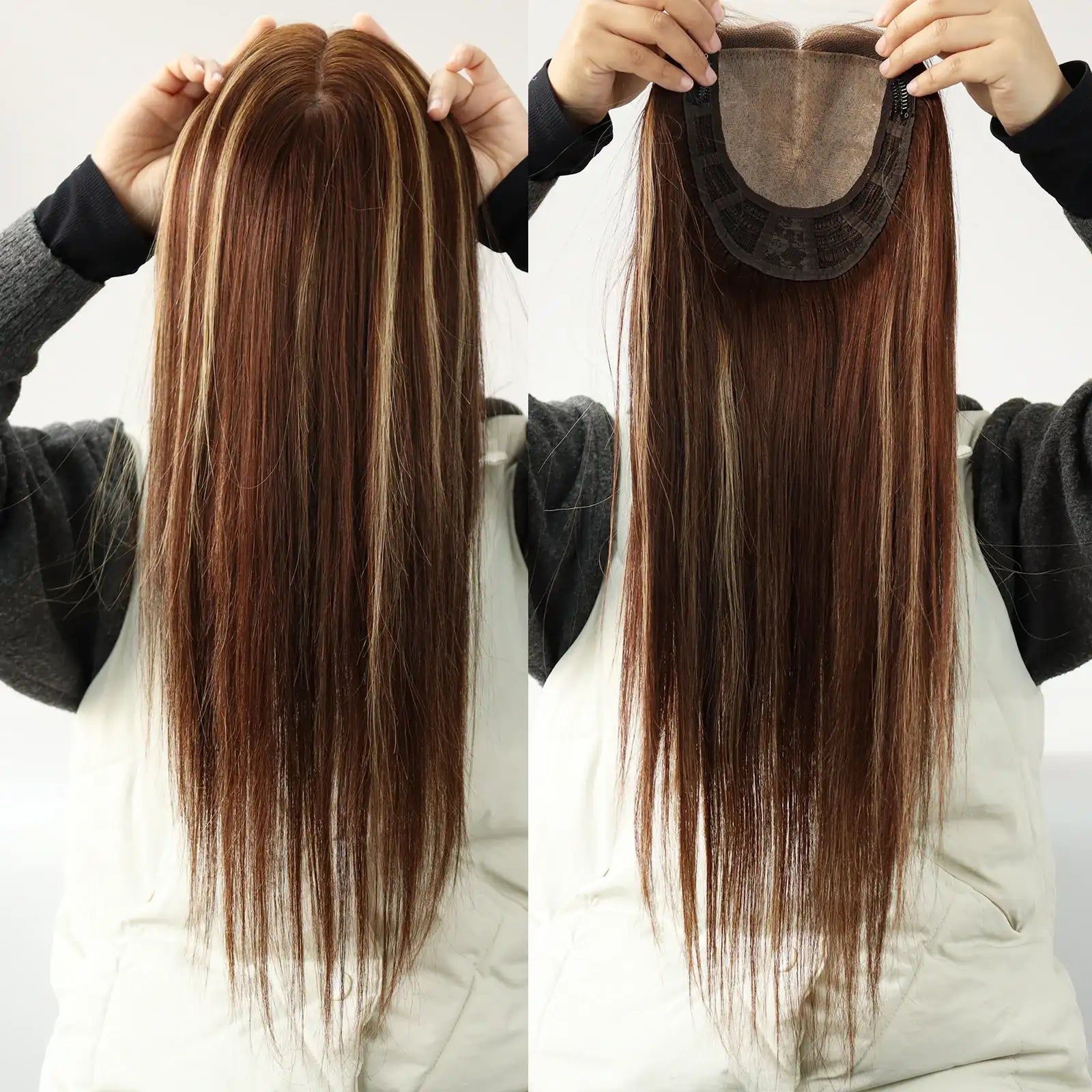 6–8" Base · Silk Base & Lace Front · Free Part · European Remy Human Hair Topper · Brown Blonde Highlight · Straight · for Women · Clip-In