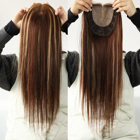 6–8" Base · Silk Base & Lace Front · Free Part · European Remy Human Hair Topper · Brown Blonde Highlight · Straight · for Women · Clip-In